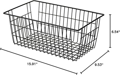 SANNO Freezer Baskets Wire Storage Baskets Closet Baskets Bin Farmhouse Organizer Storage Bins Large Organizer Bins for Home, Office, Bathroom, Pantry Organization Storage -Black Set of 2, 15.7"