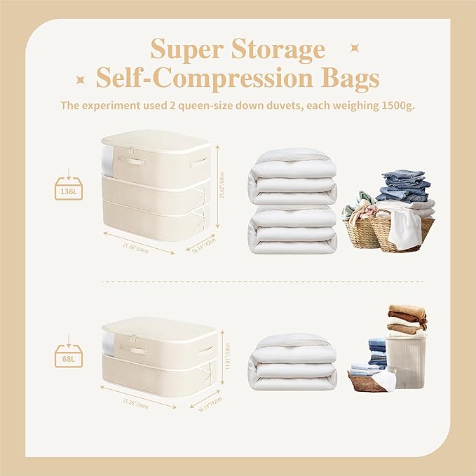 Compression Storage Bags for Bedding, 68L Ultra Space Saving Self Compression Organizer with Transparent Window, Used for Storing Comfortable Blankets,Bedding,Pillows,Clothes (Beige 21x16x11 in)