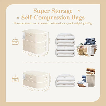 Compression Storage Bags for Bedding, 68L Ultra Space Saving Self Compression Organizer with Transparent Window, Used for Storing Comfortable Blankets,Bedding,Pillows,Clothes (Beige 21x16x11 in)