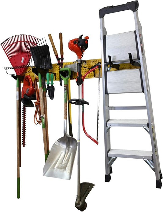 Wall Control Garage Storage Rack Lawn & Garden Tool Organization Wall Mount Organizer - Easy to Install 64" Wide Colorful Metal Peg Board Set (Yellow Pegboard)