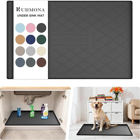 URMONA Under Sink Mat for Kitchen Waterproof, 34" x 22" Silicone Under Sink Mat for Shelf Liner Organizer, Cabinet Sink Protector Under Sink Liner for Bottom Kitchen, Bathroom(Black)