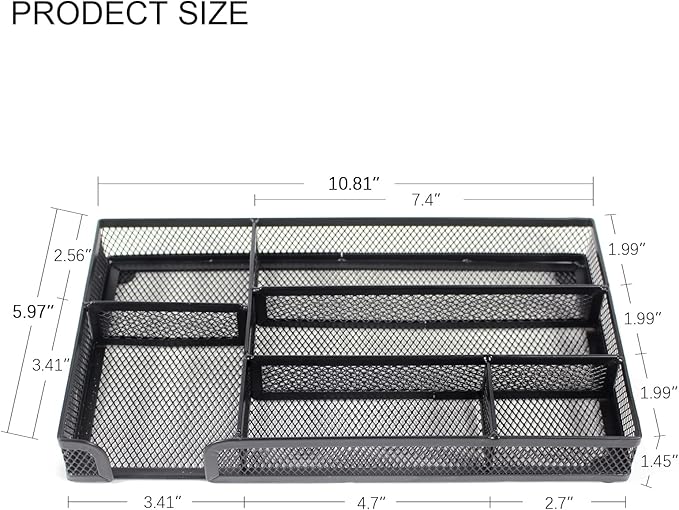 Desk Drawer Organizer Tray, Metal Mesh Drawer Office Drawer Organizer w/6 Compartment, Small Desk Organizer Tray for Home Office School Supplies, Desktop, 11X 6 X 1.45in, Black