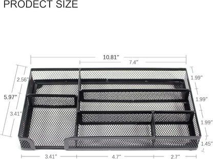 Desk Drawer Organizer Tray, Metal Mesh Drawer Office Drawer Organizer w/6 Compartment, Small Desk Organizer Tray for Home Office School Supplies, Desktop, 11X 6 X 1.45in, Black