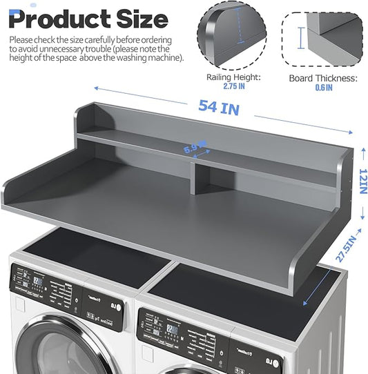 2-Tier Washer and Dryer Countertop with 2.75" H Guard,54" W x 27.5" D Laundry Countertop Cover with Non-Slip Pad,Large Space Laundry Topper for Folding Clothes Over Washer and Dryer-Gray