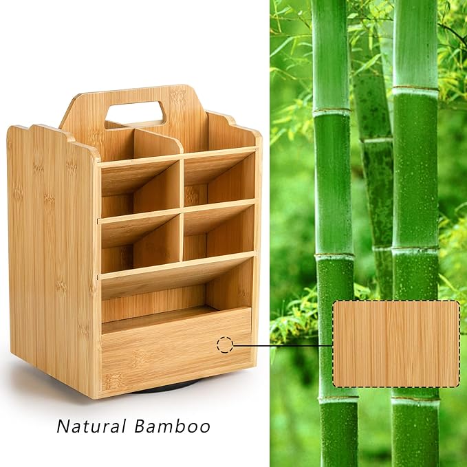SOUJOY Bamboo Pen Holder Organizer, 360°Rotating Art Supply Storage Caddy, Hold 400+ Pencils, 15 compartments Office Desk Stand Box with Handle for Marker Pens, Colored Pencil, Art Brushes