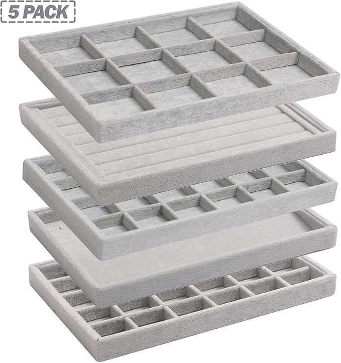 DIOMMELL 5 Pack Stackable Velvet Jewelry Trays Organizer, Jewelry Display Storage Box Showcase Holder Dresser Drawer Organizer for Earring Necklace Bracelet Ring Accessary, Grey