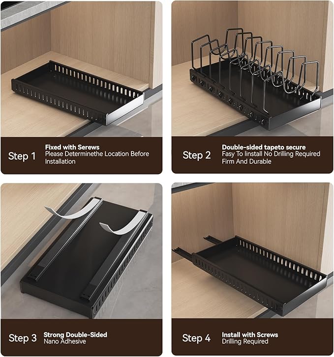 Pull-Out Pots and Pans Organizer, 2 Pack Under Cabinet Pot Lid Holder, Slide Lid Organizers Inside Cabinet, Pot Lid Organizer for Kitchen, Bakeware, Dishes, 10 Adjustable Dividers - Black