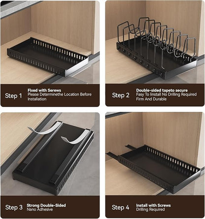 Pull-Out Pots and Pans Organizer, 2 Pack Under Cabinet Pot Lid Holder, Slide Lid Organizers Inside Cabinet, Pot Lid Organizer for Kitchen, Bakeware, Dishes, 10 Adjustable Dividers - Black