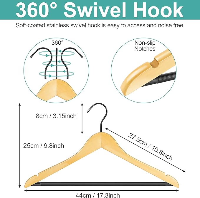 Perfecasa Premium Quality Solid Wood Clothes Hangers for Suits and Coats, Smooth Finishes, Non-Slip Pants Bar, 360° Swivel Soft Coated Hooks. Pack of 20(Clear Natural)