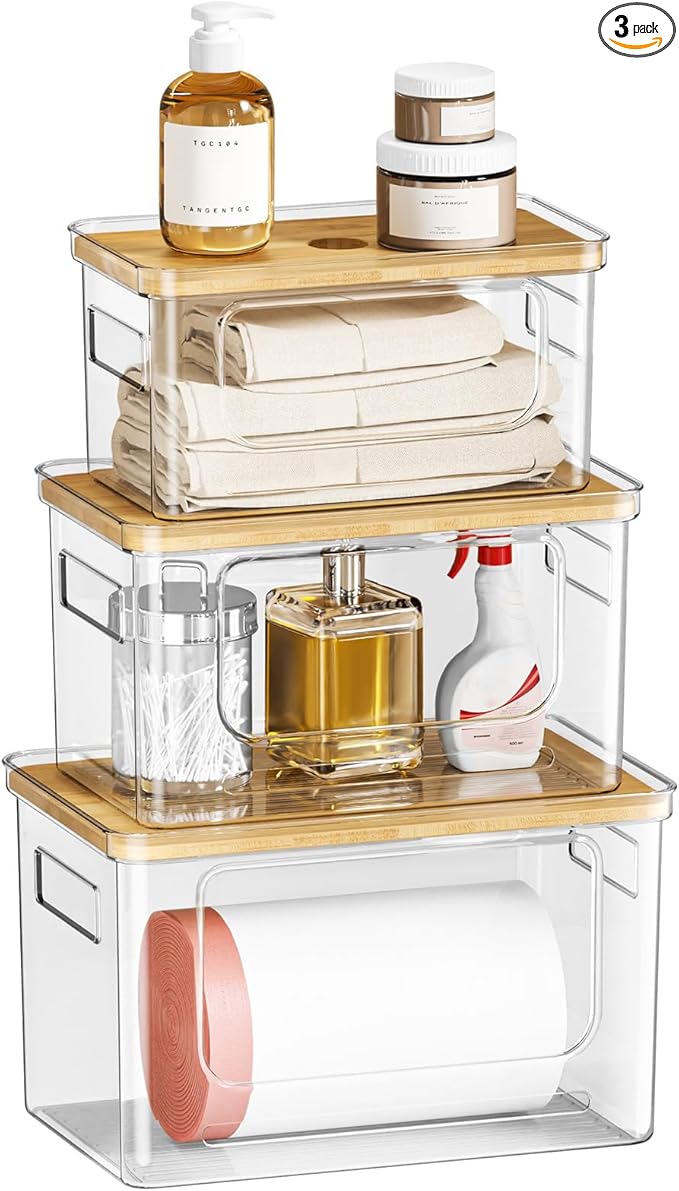 Under Sink Organizer,Pantry Organizers and Storage,Plastic Trash Bag Holder Dispenser,Bamboo Lid Potatoes Onions Organization Storage Container for Kitchen,set of 3