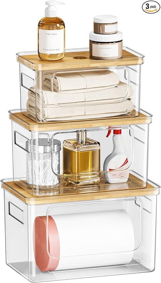 Under Sink Organizer,Pantry Organizers and Storage,Plastic Trash Bag Holder Dispenser,Bamboo Lid Potatoes Onions Organization Storage Container for Kitchen,set of 3