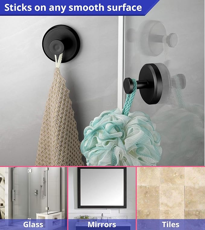 HOME SO Suction Cup Hooks for Shower, Bathroom, Kitchen, Glass Door, Mirror, Tile – Loofah, Towel, Coat, Bath Robe Hook Holder for Hanging up to 15 lbs – Waterproof & Rustproof, Matte Black (4-Pack) | for Shower, Bathroom, Kitchen, Glass Door, Mirror, ...