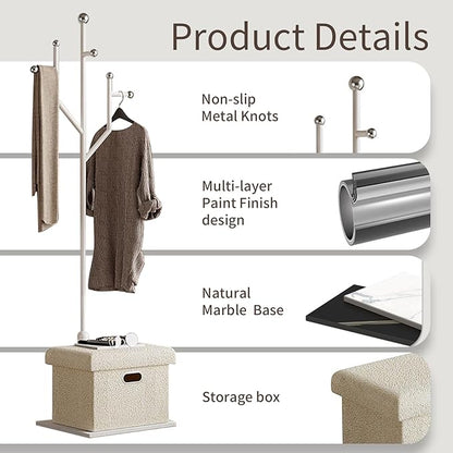 Modern Metal Coat Rack Stand, Heavy Duty Coat Rack Freestanding with Natural Marble Base, 8 Hooks, Ideal for Bedroom, Entryway, Hallway, Office, Gifts for Women, for Mom, for Men (White)