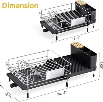Urackify Large Dish Drying Rack - 304 Stainless Steel Dish Rack for Kitchen Counter, Extendable Dish Drainers with Cutlery & Cup Holders, Black