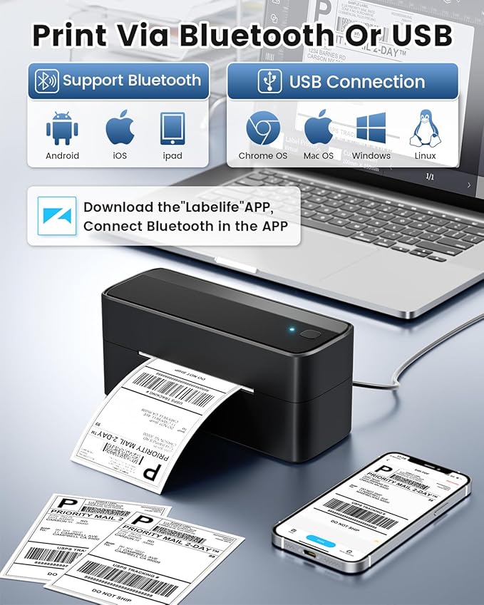 Phomemo Bluetooth Shipping Label Printer, 241BT 4X6 Wireless Thermal Label Printer for Small Business, Labels Printers for Shipping Package, Compatible with iPhone, Android, Amazon, Shopify, Black
