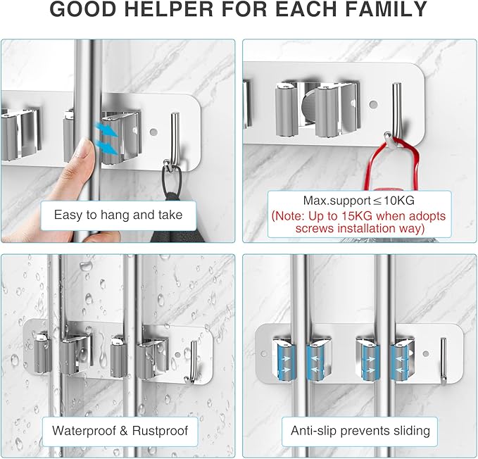 Wall Mount Mop and Broom Holder, Heavy Duty Stainless Steel Organizer Rack with Hooks | 4-Pack, 2-in-1 No Drill & Screw Installation, Silver