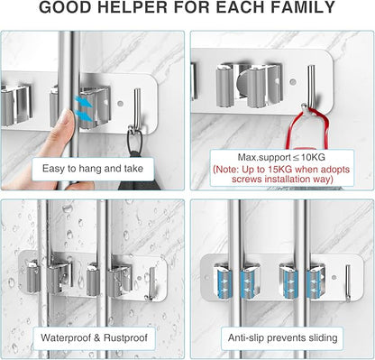 Wall Mount Mop and Broom Holder, Heavy Duty Stainless Steel Organizer Rack with Hooks | 4-Pack, 2-in-1 No Drill & Screw Installation, Silver
