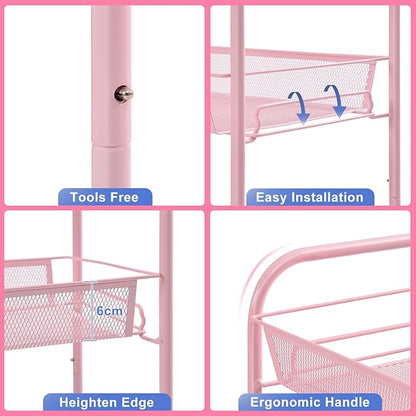 TOOLF 4 Tier Rolling Utility Cart - Durable Metal Design Pink Utility Cart, Storage Trolley on Wheels with 3 Hooks, Perfect for Kitchen, Bathroom & Laundry Room Organization
