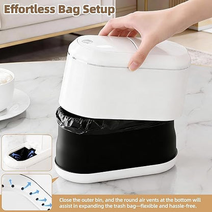 Mini Trash Can for Desk with 5 Rolls of Trash Bags, Small Press-Top Countertop Garbage Bin, Removable Waste Basket for Bedroom, Vanity, Coffee Table, Kitchen (White Half-Lid)