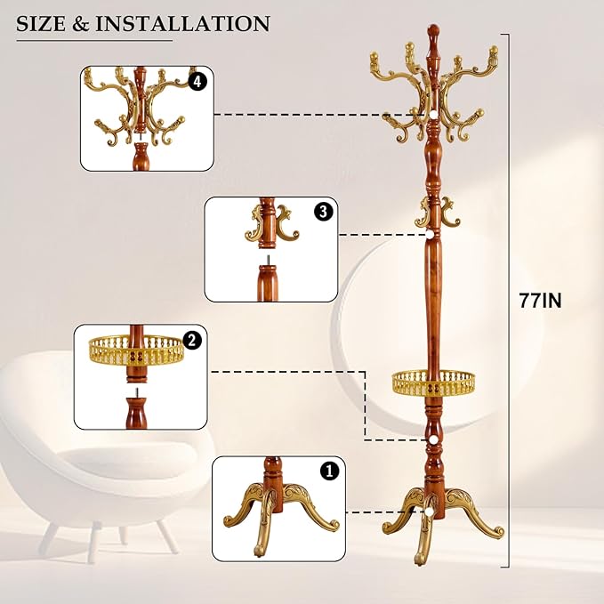 Wood Coat Rack Freestanding, Natural Coats Tree Stand with 14 Hooks, 73" Sturdy and Easy Assembly Coat Rack Stand for Entryway, Hallway, Bedroom, Bags, Hats (With storage tray-Golden)