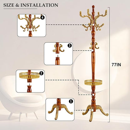 Wood Coat Rack Freestanding, Natural Coats Tree Stand with 14 Hooks, 73" Sturdy and Easy Assembly Coat Rack Stand for Entryway, Hallway, Bedroom, Bags, Hats (With storage tray-Golden)