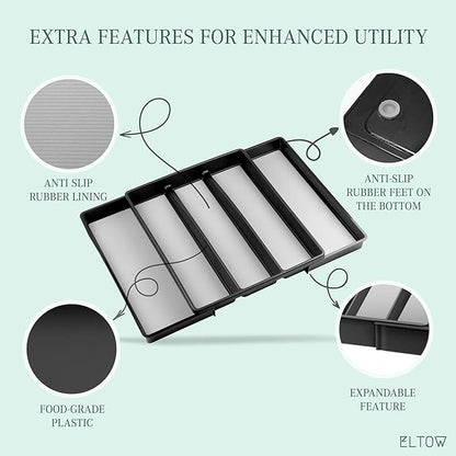 ELTOW Expandable Utensil Drawer Organizer, 5 Compartment Non-Slip & Adjustable Large Utensil Organizer for Kitchen Drawers, Kitchen Organization for Utensils, Flatware Storage Tray (Black)