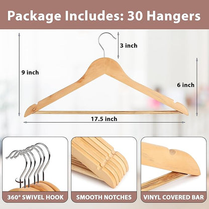 Kings Lifestyle Hub Wooden Hangers Premium Natural Bamboo Wood Hanger Well Polished Ergonomic Design & Sharply Cut Notches with Swivel Hook (Light Brown, Pack of 30)