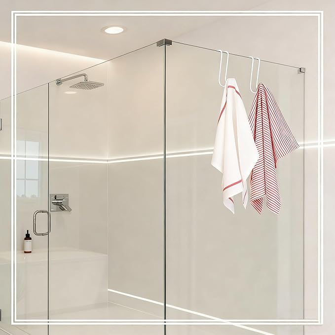 Shower Door Hooks, 2 Pack Dual-Hook Organizer with Non-Slip Rubber Coating for Towels and Clothes, Space-Saving Bathroom Storage Solution