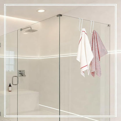 Shower Door Hooks, 2 Pack Dual-Hook Organizer with Non-Slip Rubber Coating for Towels and Clothes, Space-Saving Bathroom Storage Solution
