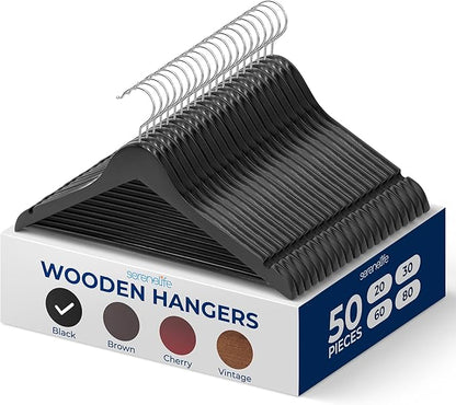 SereneLife 50-Pack Wooden Coat Hangers – Durable Suit Hangers with 360° Swivel Hook & Notches – Slim Design for Shirts, Jackets, Dresses, and More (Black)