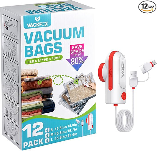 VACKFOX 12 Pack Travel Vacuum Bags for Clothing with USB and TYPE C Pump, Compression Seal Packing Cubes for Luggage Suitcase Backpack, Carry-on Size Space Saver Storage Bags for Vacation Cruise（Red）