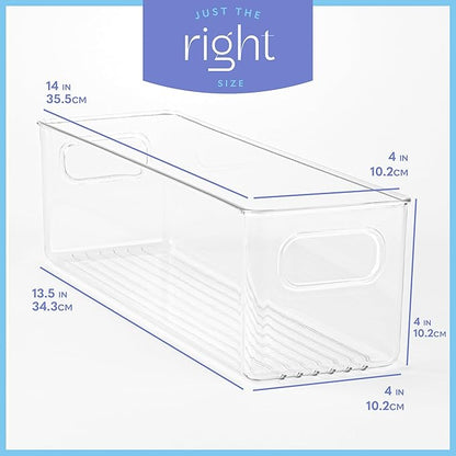 Plastic Food Storage 2 Pack Clear Container Bin with Handles for Organizing Kitchen, Pantry, Refrigerator, Freezer, Pantry, Cabinet, Closet, Bathroom. 14”X4”x4”