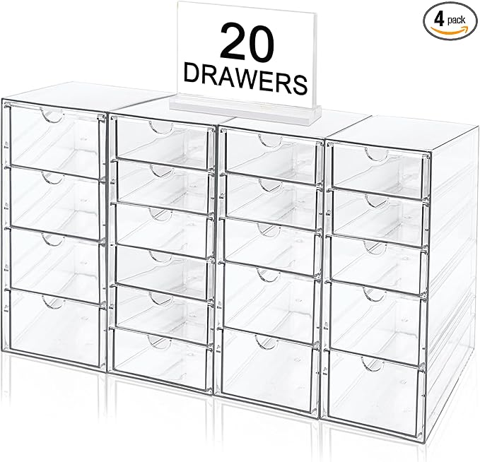 Acrylic Makeup Organizer with 20 Drawers, 4 Set Clear Storage Drawers, Acrylic Drawer Organizer and Storage for Desktop Office Supplies Make Up Pen Hair Accessories