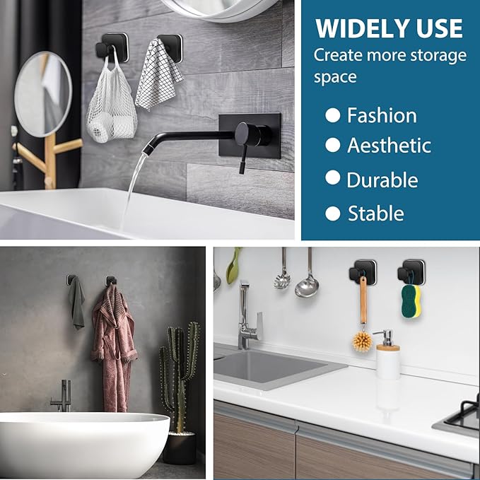 Suction Cup Hooks for Shower, 4 PCS No-Drill Towel Holder for Bathrooms Wall, Glass Door, Mirror, Tiles, Kitchen, Hold Robe & Wreath, Hanging up to 15 lbs – Waterproof & Rustproof, Matte-Black