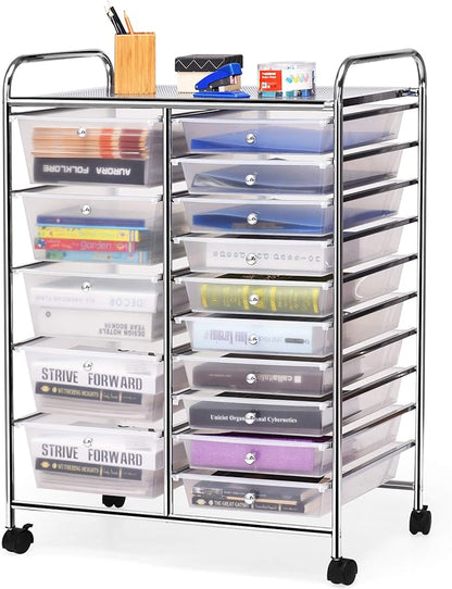 KOTEK 15-Drawer Rolling Storage Cart, Multipurpose Mobile Utility Cart with 4 Wheels, Home Office School Tools Scrapbook Paper Organizer (Clear)