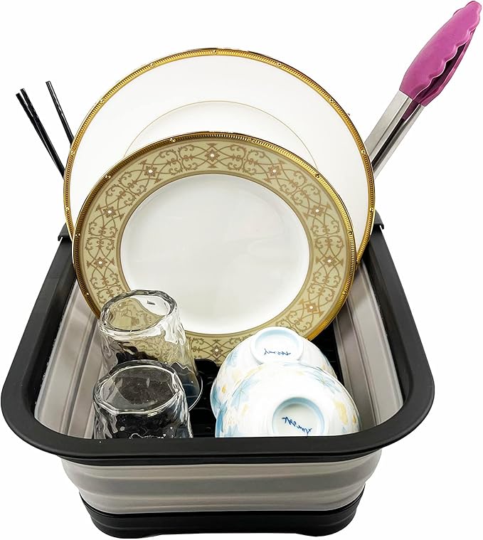 SAMMART 7.3L (1.9 Gallon) Collapsible Plastic Dish Drainer with Drainer Board - Foldable Drying Rack Set - Portable Dinnerware Organizer - Space Saving Kitchen Storage Tray (Black/Alloy Grey)