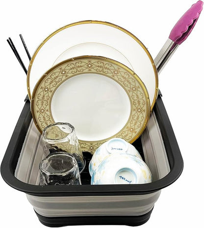 SAMMART 7.3L (1.9 Gallon) Collapsible Plastic Dish Drainer with Drainer Board - Foldable Drying Rack Set - Portable Dinnerware Organizer - Space Saving Kitchen Storage Tray (Black/Alloy Grey)
