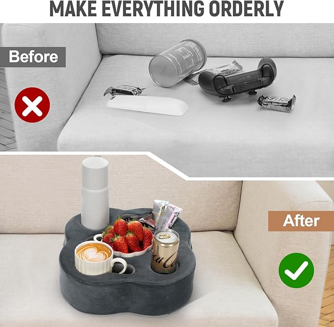 Couch Cup Holder | Sofa Cup Holder Pillow Drink Tray Organizer for Drinks, Remotes, Phones, Snacks (Grey, 12 * 12 * 3.7 Inch)