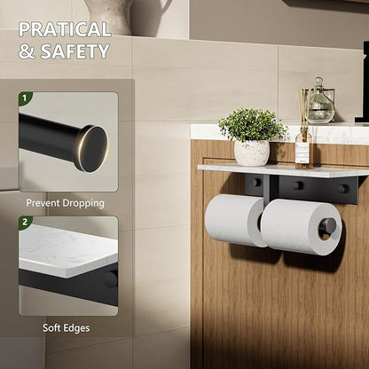 Marble Toilet Paper Holder with Shelf,Doulble Bathroom Tissue Roll Holder,304 Stainless Steel Toilet Paper Holder Wall Mounted,Modern Tissue Holder for Bathroom Washroom,Matte Black