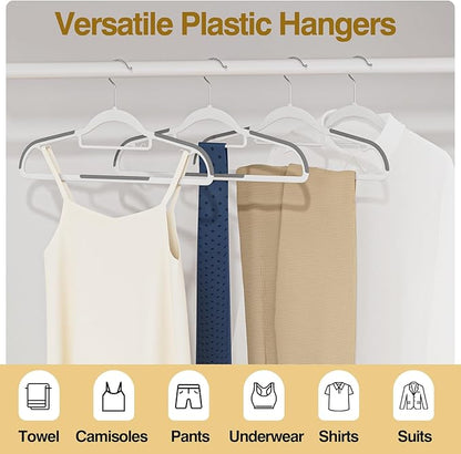 UEAKPIC Plastic Hangers 50 Pack, 16.5 in Heavy Duty Clothes Hangers with 360° Swivel Hook, Non-Slip Bar & 0.2" Ultra-Slim Space-Saving Organizers for Coats, Pants, Suits, Shirts, White & Dark Gray