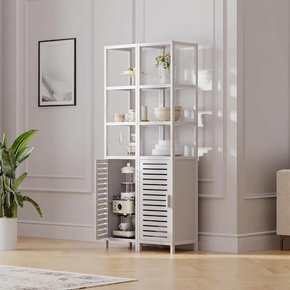 HITNET Bathroom Tall Cabinet, Floor Standing Bamboo Storage Cabinet with 6 Shelves and Shutter Door for Kitchen Living Room, White