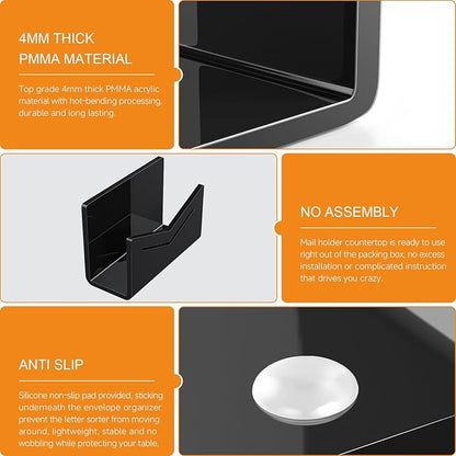 Beego Envelope and Mail Organizer Countertop - Black Acrylic Desk Organizer Letter Holder Desktop File Sorter Bill Document Folder Rack for Office, Home, School Desk Organization