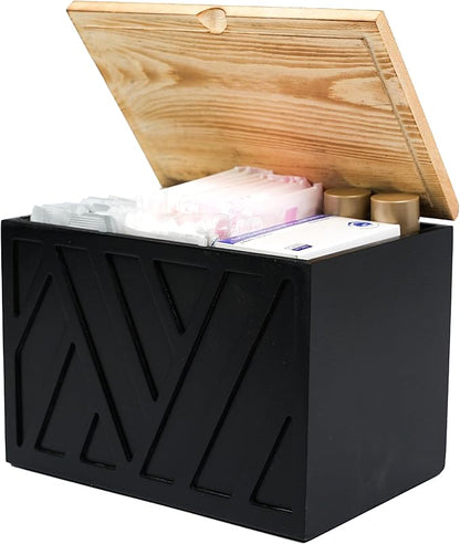 Tampon Holder for Bathroom Decor Feminine Product Organizer With Lid Shark Week Box Wooden Pad Girl Stuff Box (BLACK, lid) (1, BLACK)