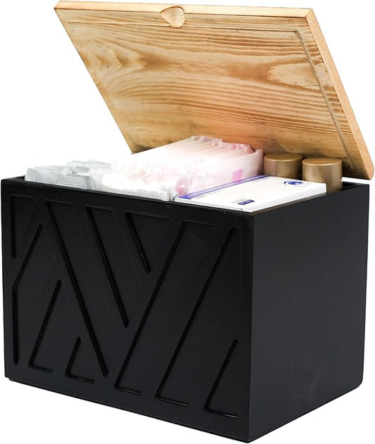 Tampon Holder for Bathroom Decor Feminine Product Organizer With Lid Shark Week Box Wooden Pad Girl Stuff Box (BLACK, lid) (1, BLACK)