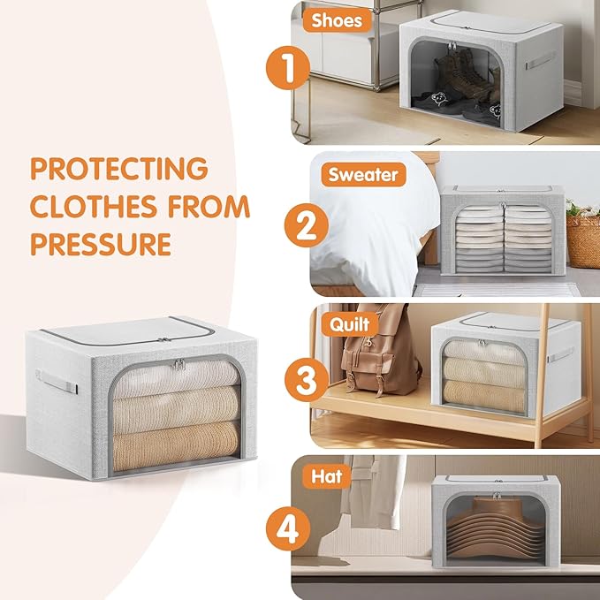 Large Size 66L 3 Pack Openings Clothes Storage Bins with Metal Frame, Stackable & Foldable Linen Storage Box with Lids, Closet Organizers, Blanket, Sweater, Baby Clothes (19.7x 15.75 x 13 Inches)