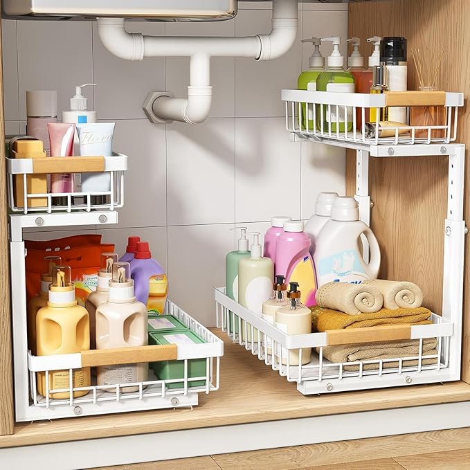 PXRACK 1 Pack Under Sink Organizer,Adjustable Height,2 Tier Pull Out Under Cabinet Organizer,Slide Out Thickened Metal Under Sink Storage for Kitchen Bathroom Laundry Cabinet Pantry,White(L)