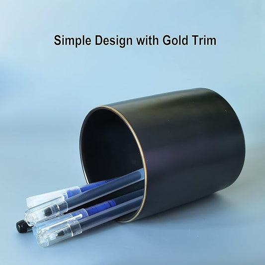 HANKOR Ceramic Pencil Holder for Desk - Cute Gold Trim Pen Aesthetic Makeup Brush Cup Holder Organizer for Desktop Storage Stationery Office Home Supplies, Black
