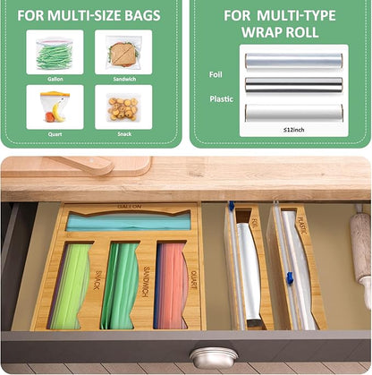 6-in-1 Magnetic Bamboo Drawer Organizer for Kitchen or Fridge, Adjustable Compartment Storage with Foil and Plastic Wrap Dispenser and Cutter – Fits Gallon, Quart, Sandwich, Snack Bags
