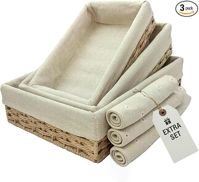 CT SUN Woven Storage Baskets for Shelves, 3-Piece Shallow Paper Rope Bins with 2 Sets of Liners (Cream & Daisy Print), Wicker Style Trays for Pantry, Bathroom, Kitchen Counter, Bread & Nursery