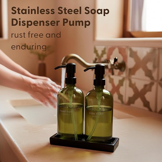 Maisonovo Kitchen Soap Dispenser Set | Hand and Dish Soap Dispenser Set with Handmade Ceramic Vanity Tray and 16 Waterproof Labels | Green Glass Bottles & Black Pumps